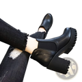 Women’s black leather ankle boots with chunky heel and textured rubber sole shown from the back side