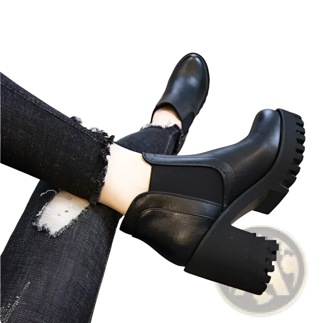 Women’s black leather chunky heel ankle boots with a textured rubber sole and a block heel for stylish comfort