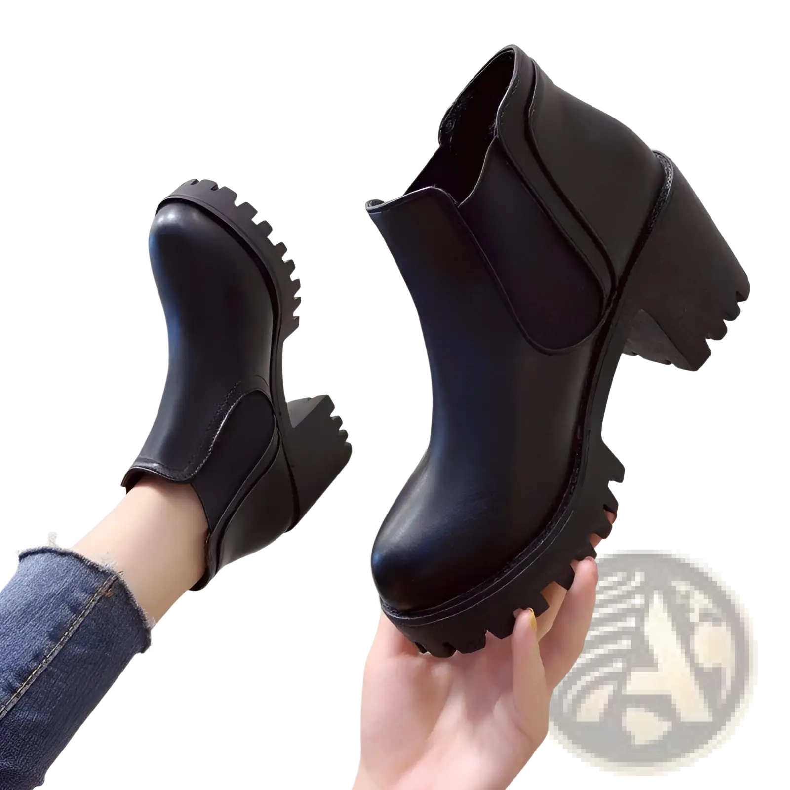 Women’s black leather chunky heel ankle boots with elastic side panels and textured chunky soles