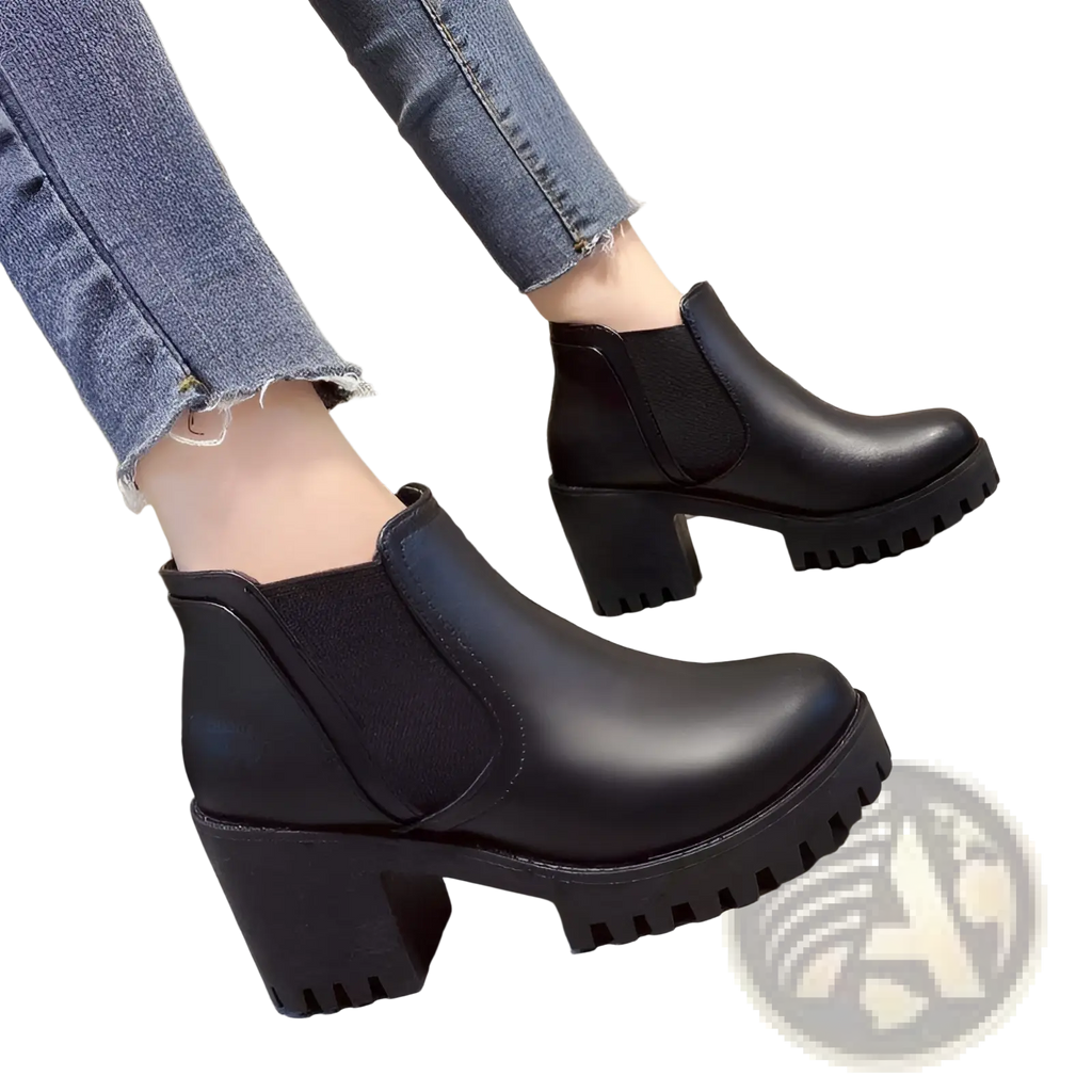 Women’s black leather chunky heel ankle boots with block heels and textured rubber soles shown from the back