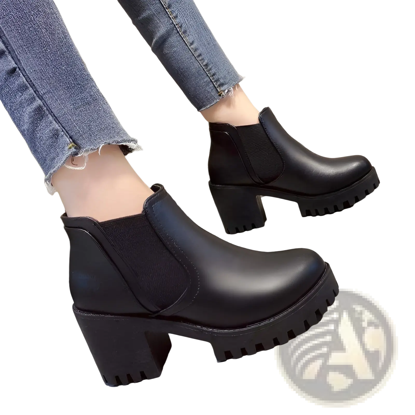 Women’s black leather chunky heel ankle boots with block heels and textured rubber soles shown from the back