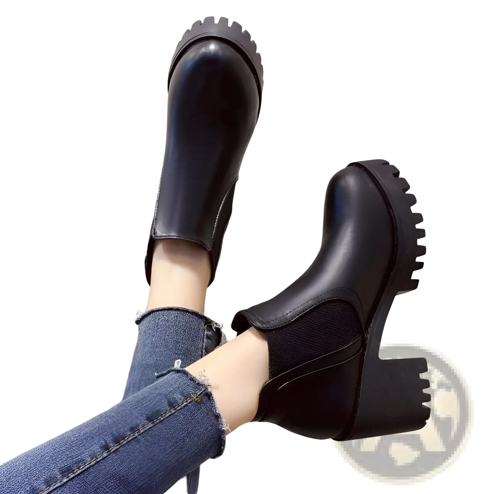 Women black leather Chelsea boots with chunky textured soles and mid-height block heels for ankle wear