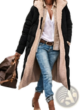 Women’s black puffer jacket with beige shearling lining designed for warmth and stylish winter wear