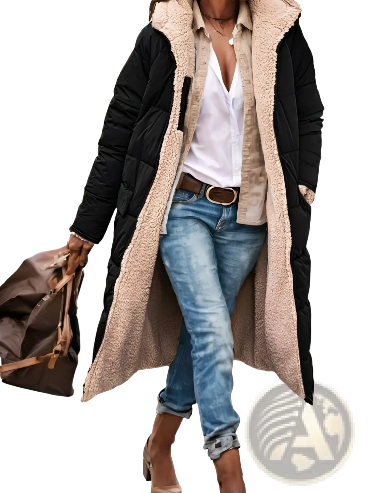 Women’s black puffer jacket with beige shearling lining designed for warmth and stylish winter wear