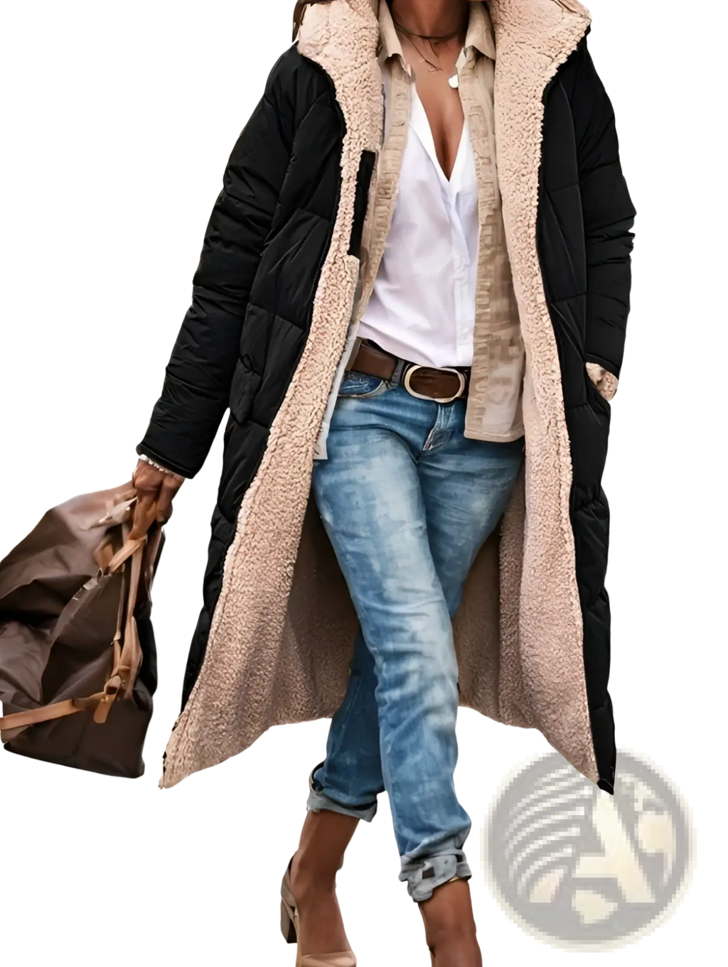 Women’s black puffer jacket with beige shearling lining and front zipper closure for warmth and style