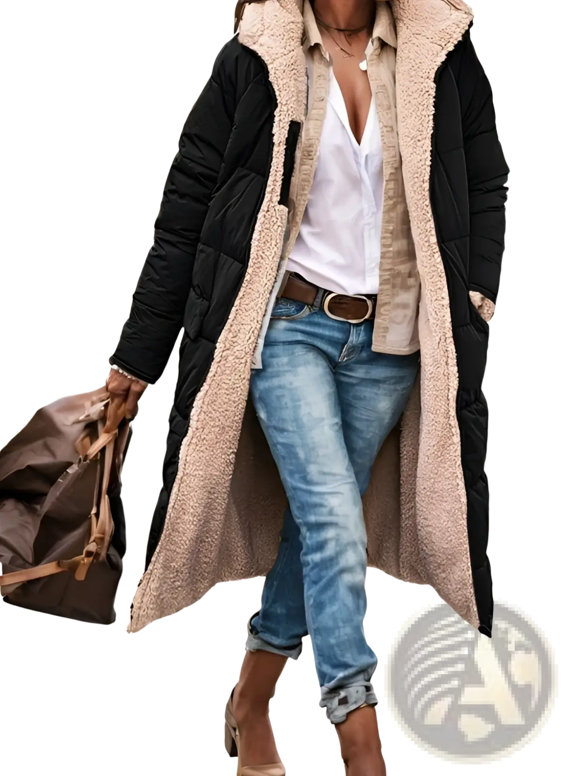 Women’s black puffer jacket with beige shearling lining and front zipper closure for warmth and style