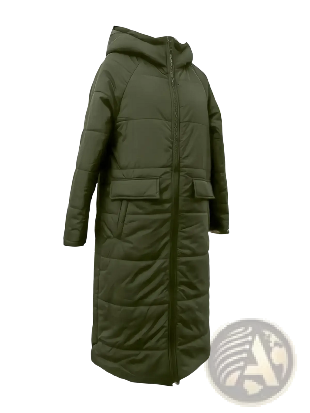 Women’s black shearling lined puffer jacket with olive green quilted hooded winter coat and two front pockets