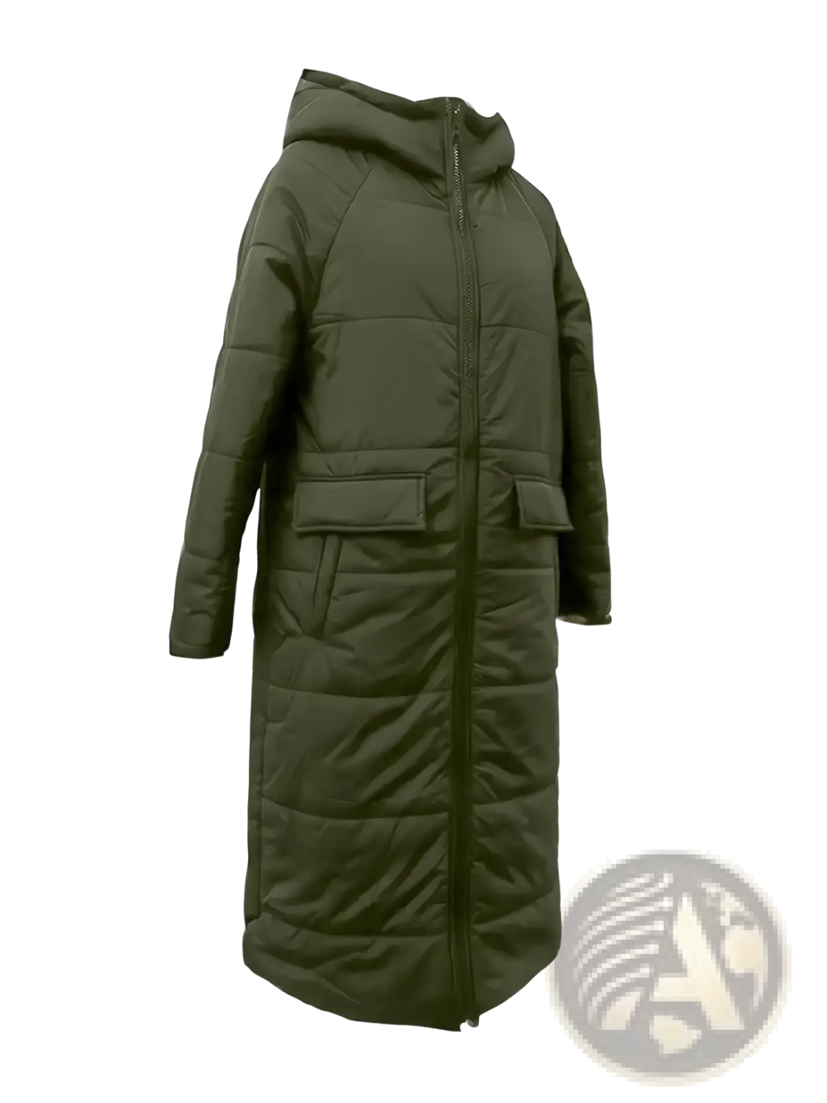 Women’s black shearling lined puffer jacket with olive green quilted hooded winter coat and two front pockets