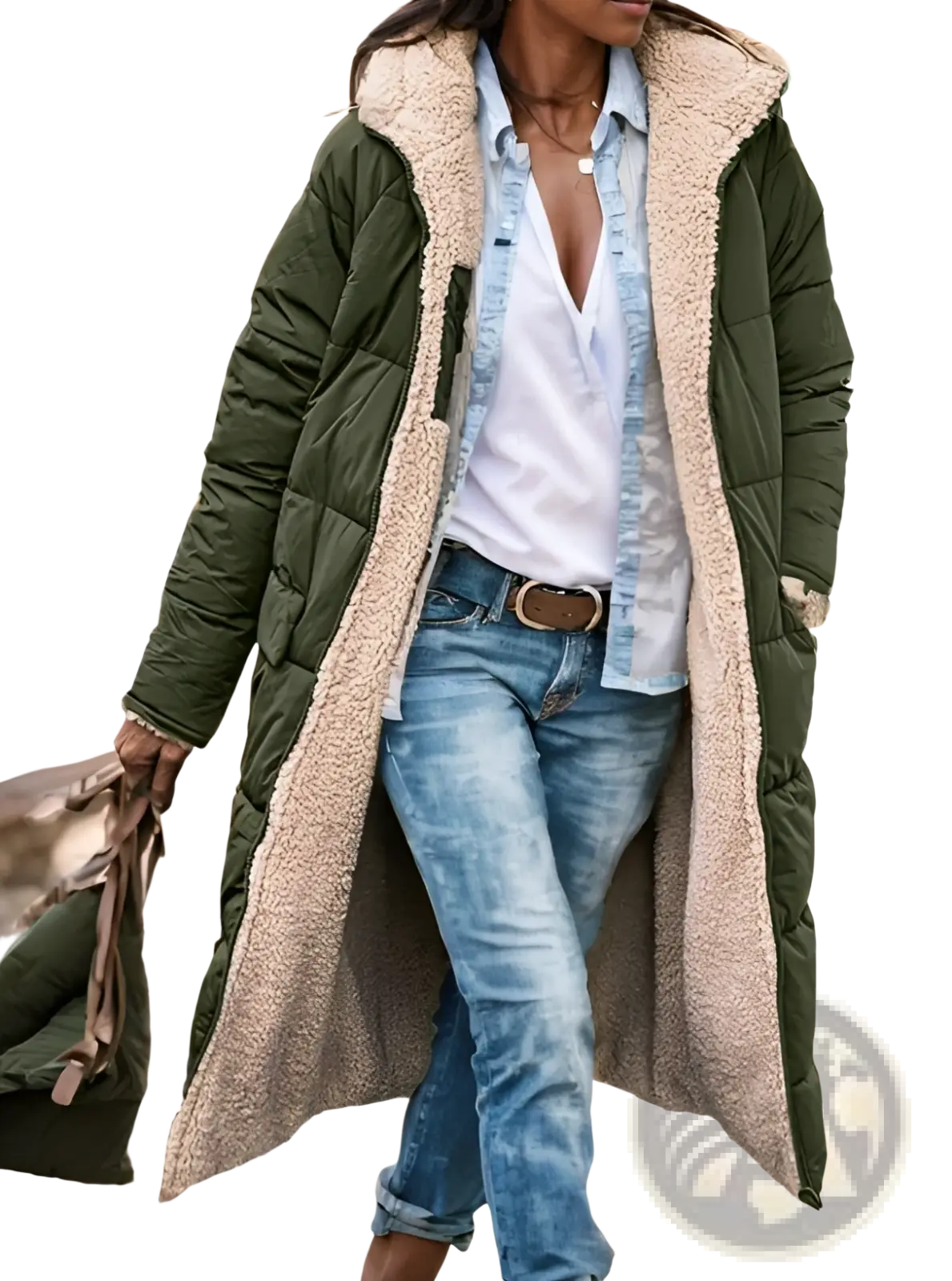 Women’s olive green quilted coat with plush beige shearling lining combining warmth and style