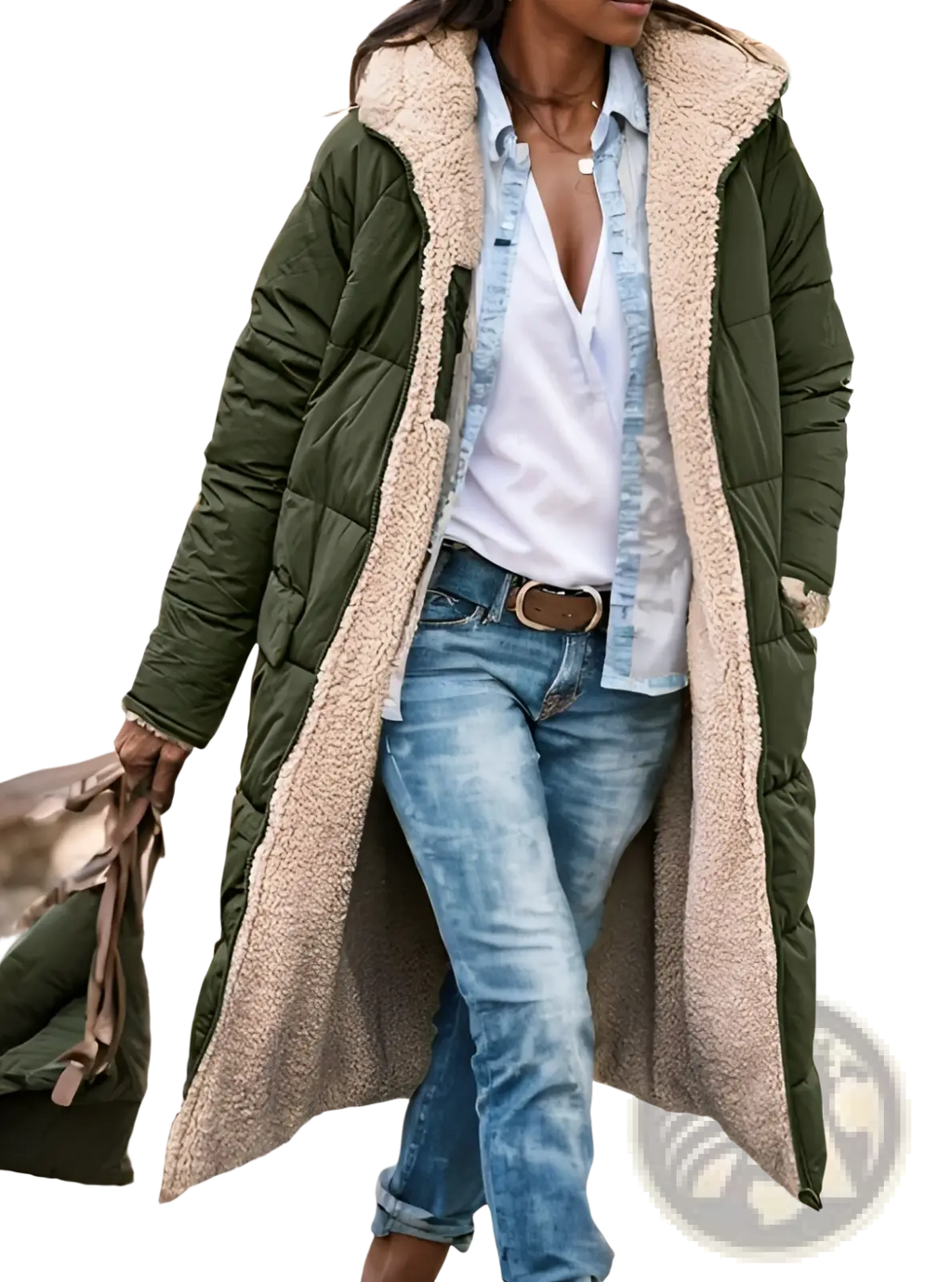 Women’s olive green quilted coat with plush beige shearling lining contrasting the black shearling puffer jacket title