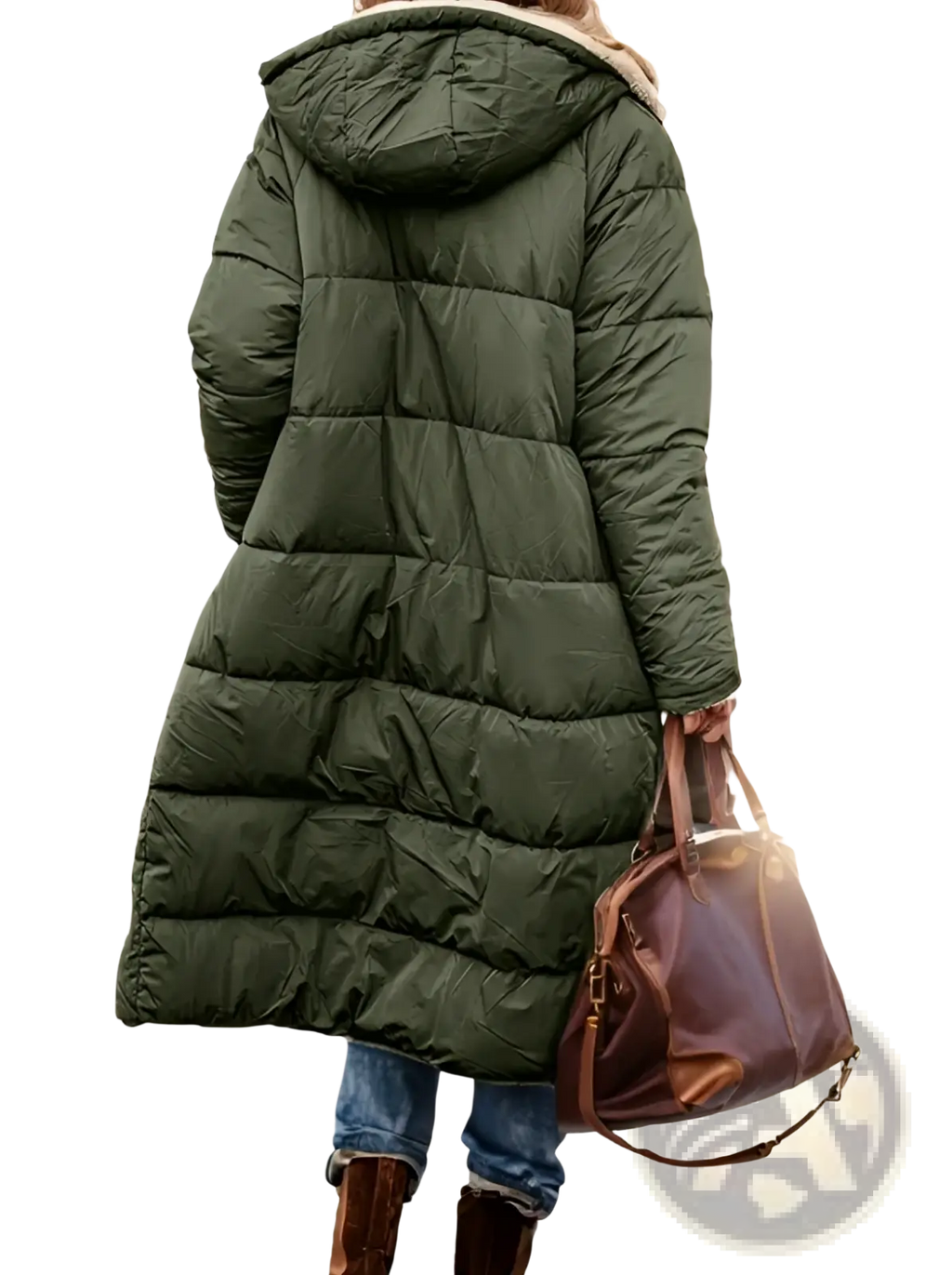 Women’s olive green quilted puffer coat with hood and faux fur lining for warmth and style