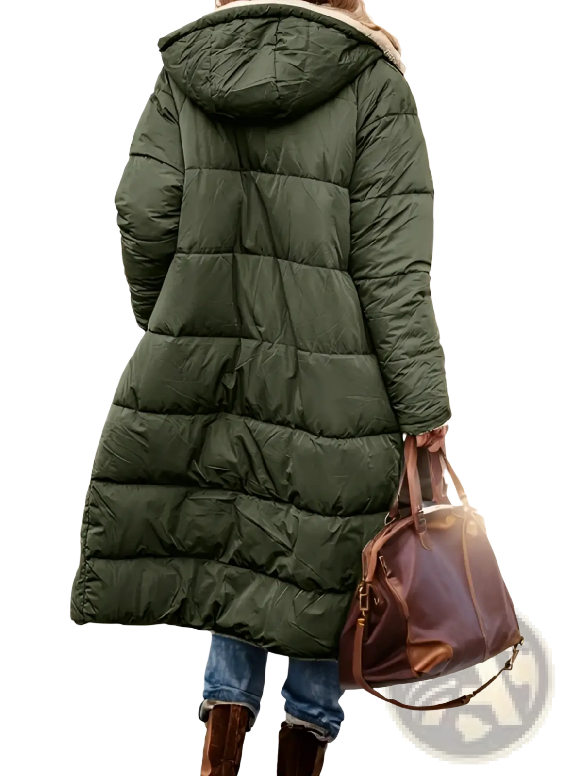 Women’s olive green quilted puffer coat with hood and faux fur lining for warmth and style