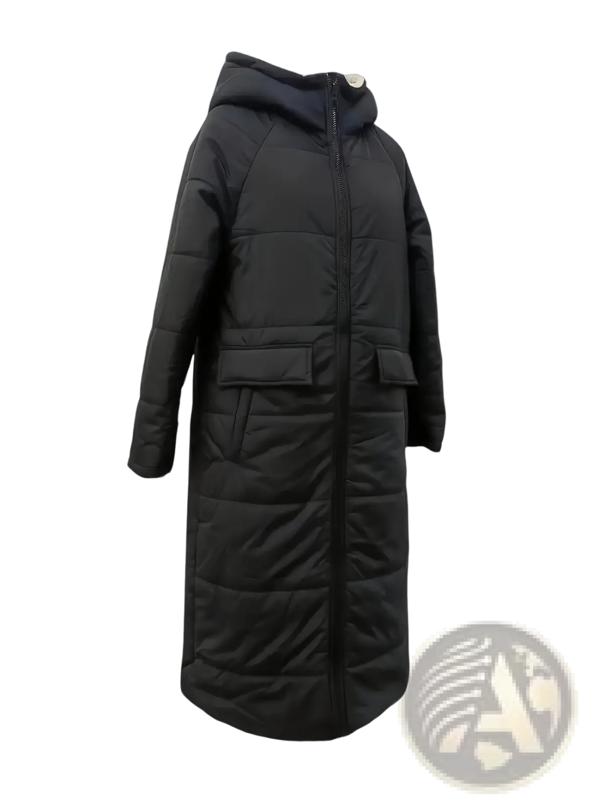 Women’s black shearling lined puffer jacket with quilted hooded design front zipper and two side pockets