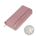 A soft pink textured leather long wallet with gold-toned zipper for women matching a black textured leather zip around wallet