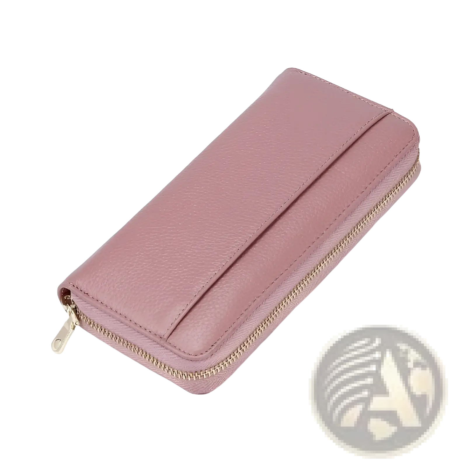 A soft pink textured leather long wallet with gold-toned zipper for women matching a black textured leather zip around wallet