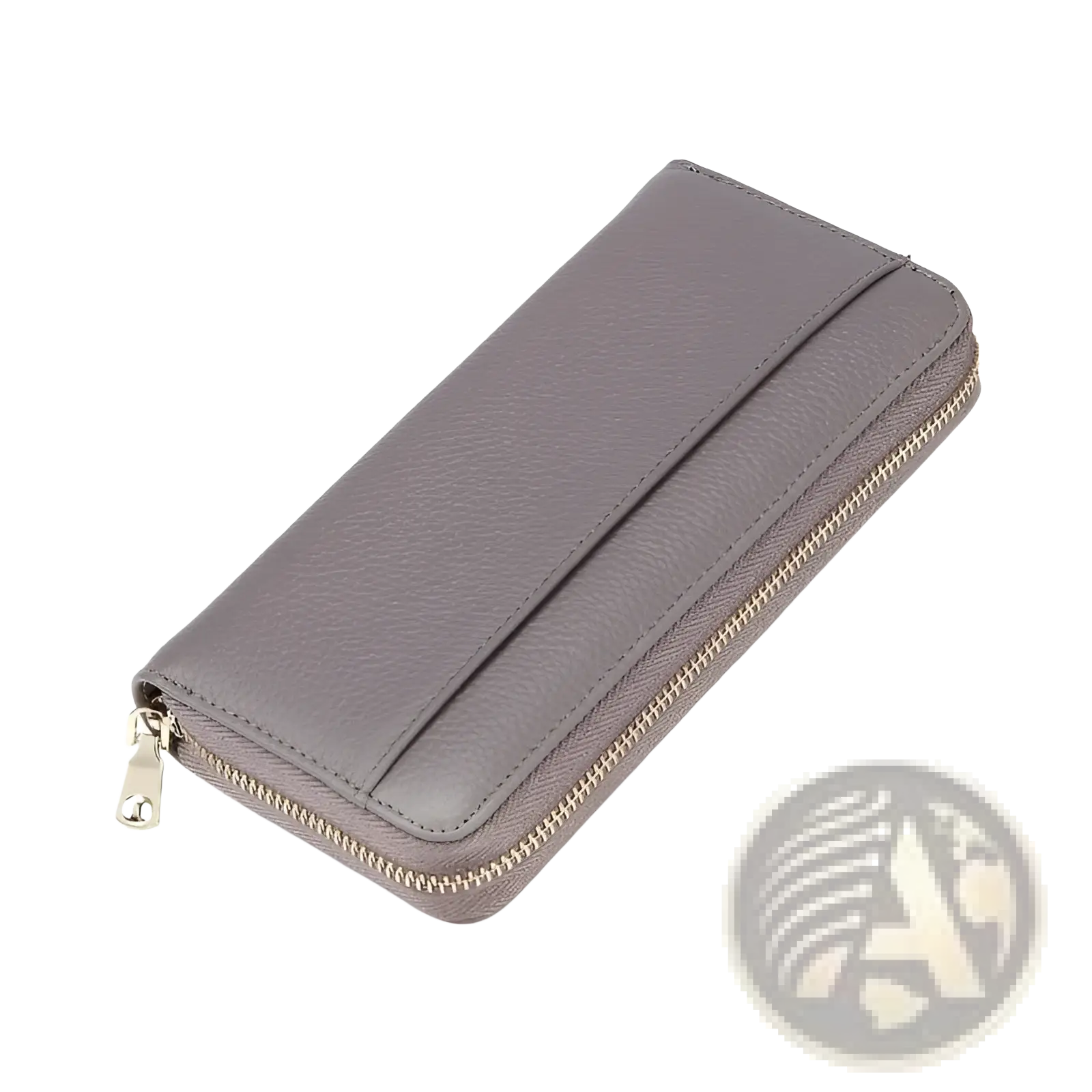 Women’s black textured leather zip around wallet with gray textured leather and silver zipper with pull tab visible