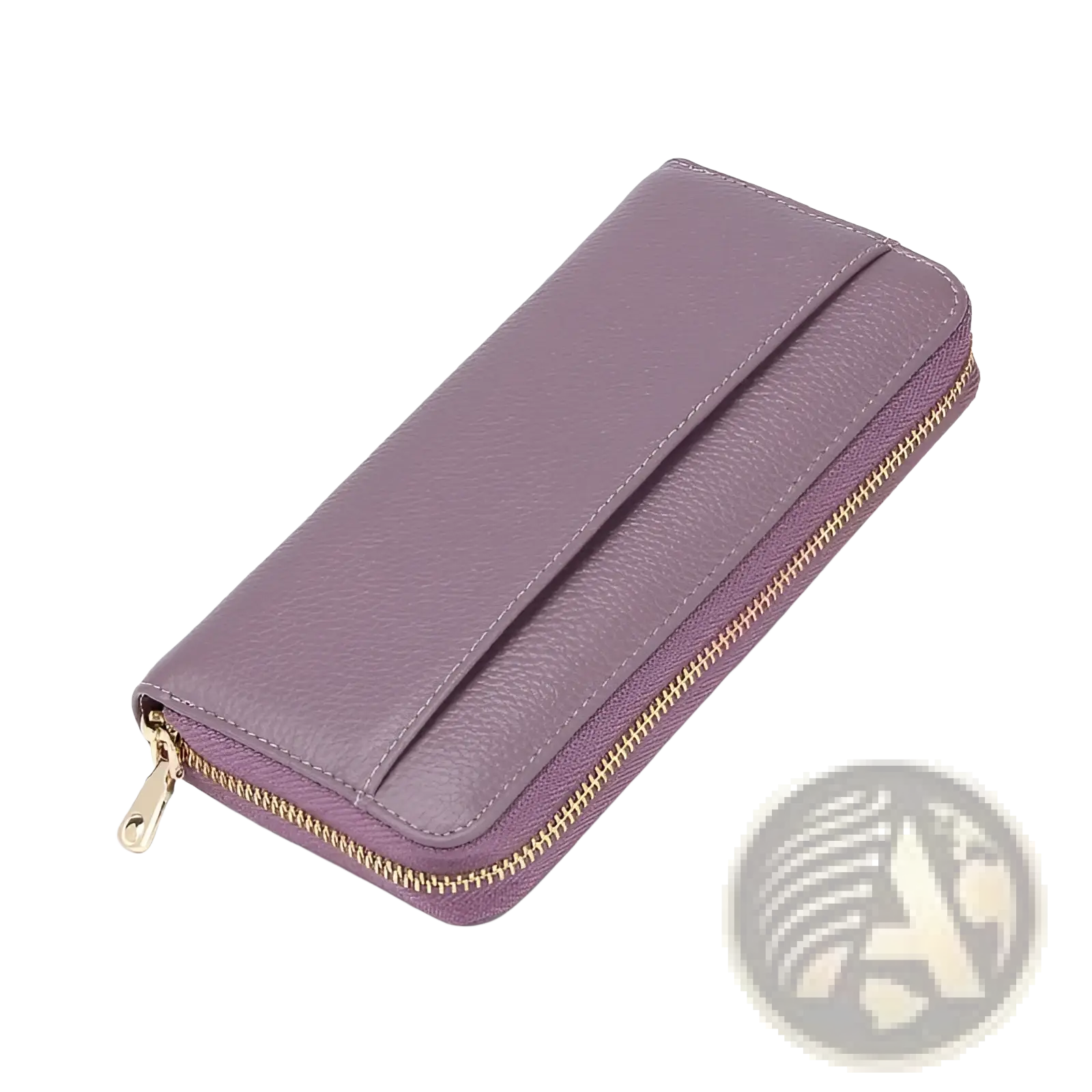 Women’s black textured leather zip around wallet with lotus purple leather detail gold zipper and stitched design
