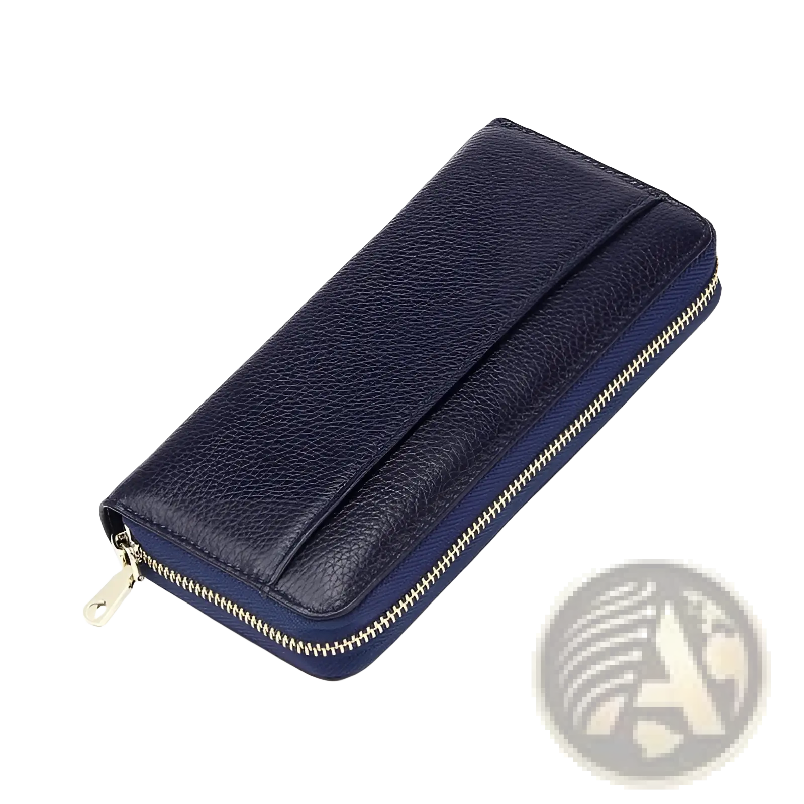 Women’s black textured leather zip around wallet in sapphire pebbled leather with gold toned zipper