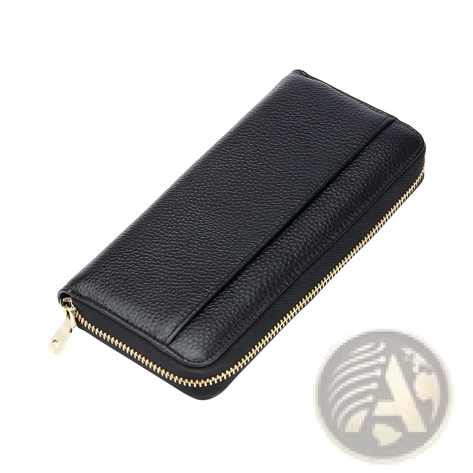 Women’s black textured leather zip around wallet featuring a gold toned zipper and a durable textured surface