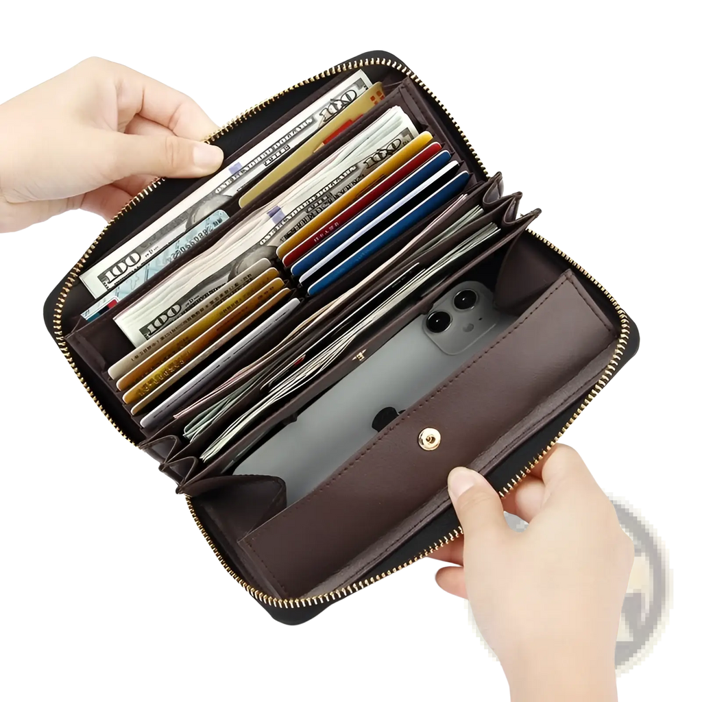 Brown leather long wallet with multiple card slots and phone compartment shown with black textured leather zip around wallet background