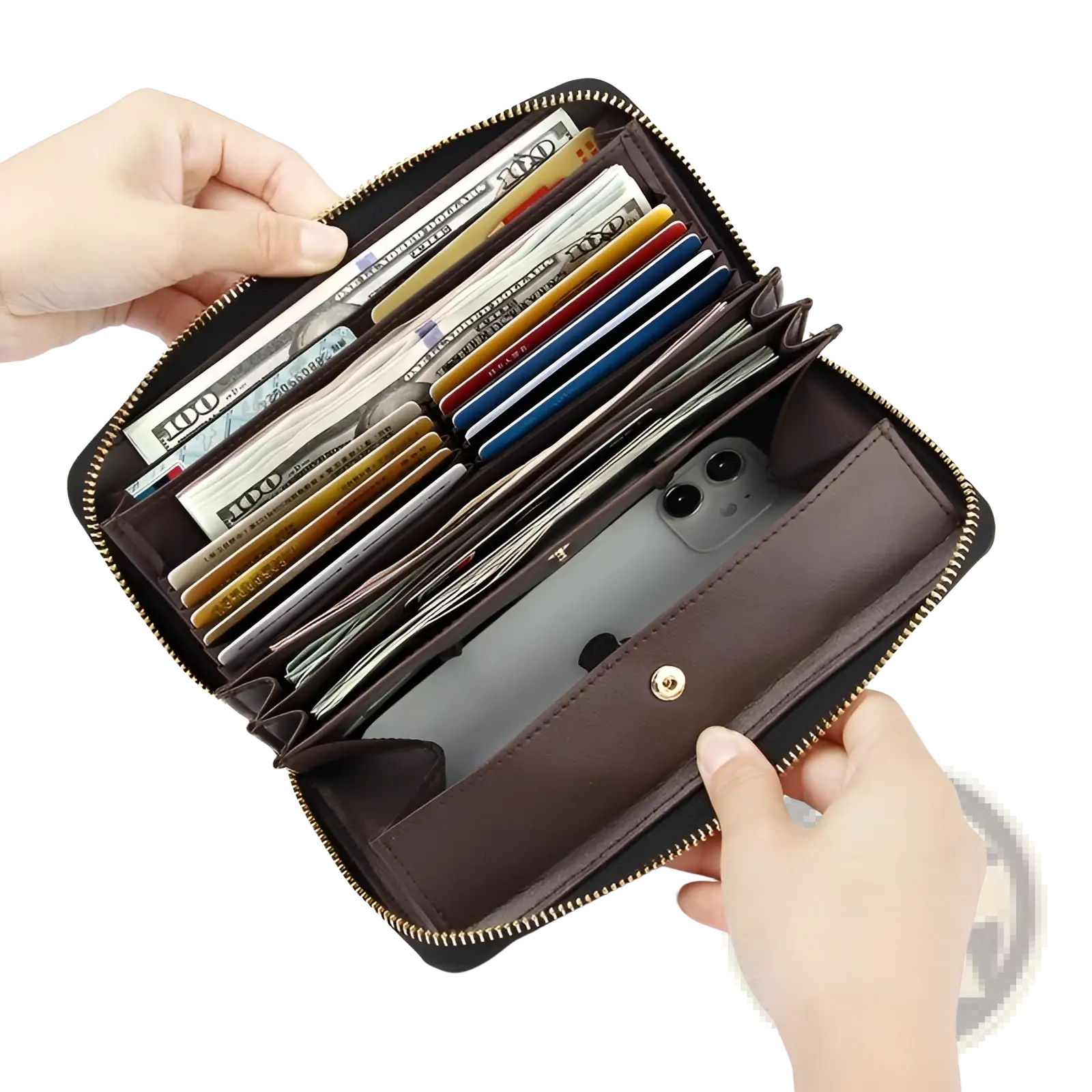 Brown leather long wallet with multiple card slots and phone compartment shown with black textured leather zip around wallet background