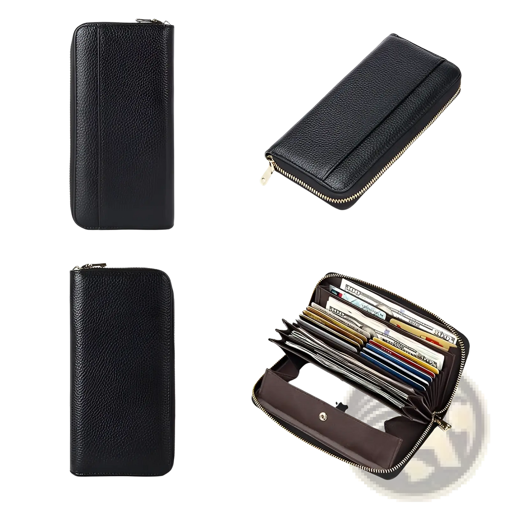 Women’s black textured leather long wallet with gold zipper and multiple card slots for organized storage