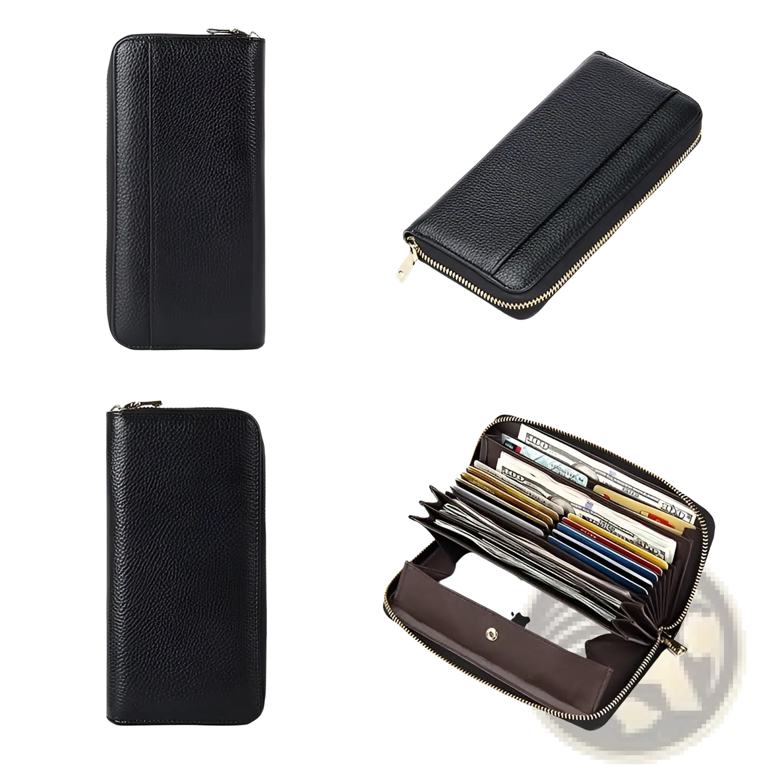 Women’s black textured leather long wallet with gold zipper and multiple card slots for organized storage