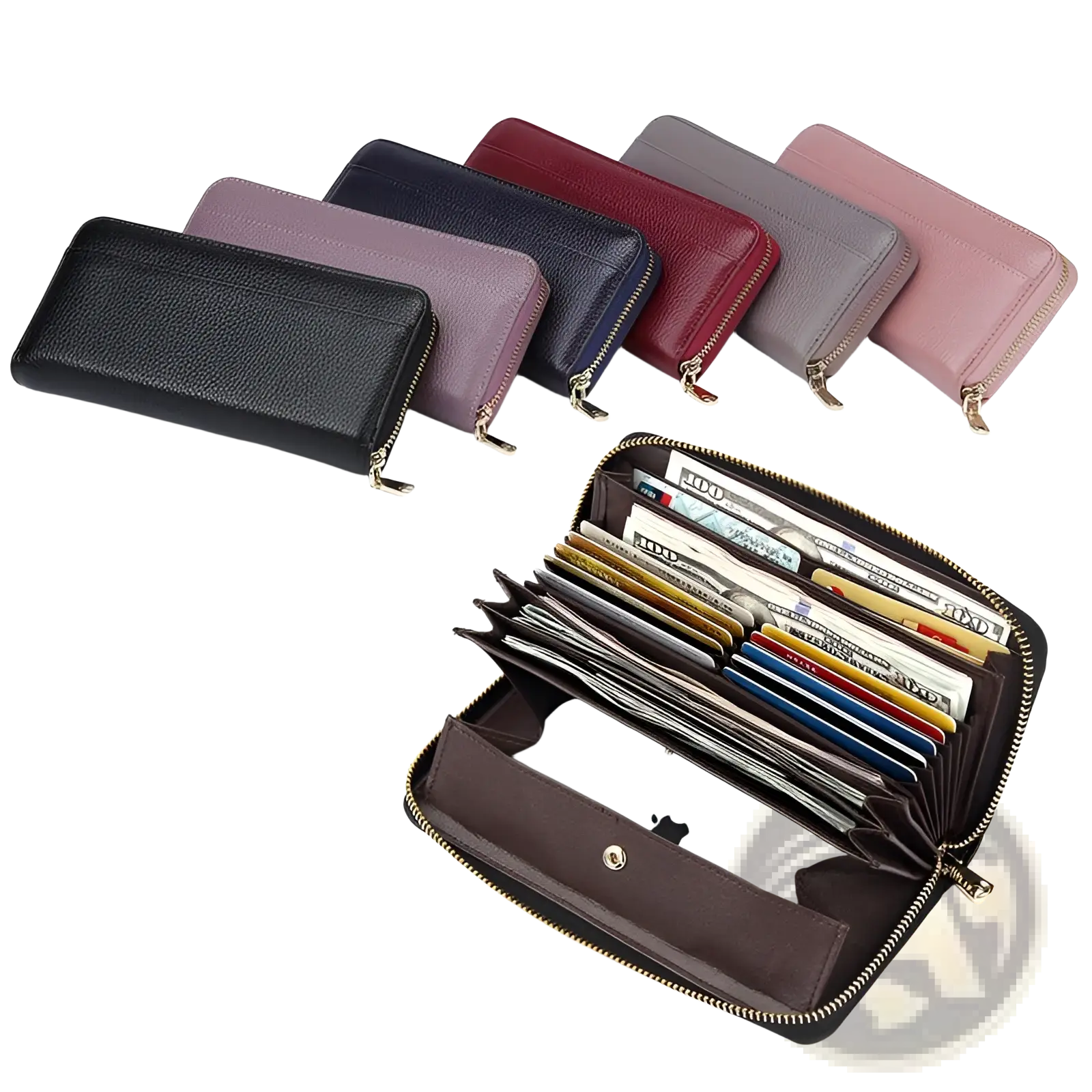 Women’s black textured leather zip around wallet with gold zipper and multiple card slots in a sleek long design