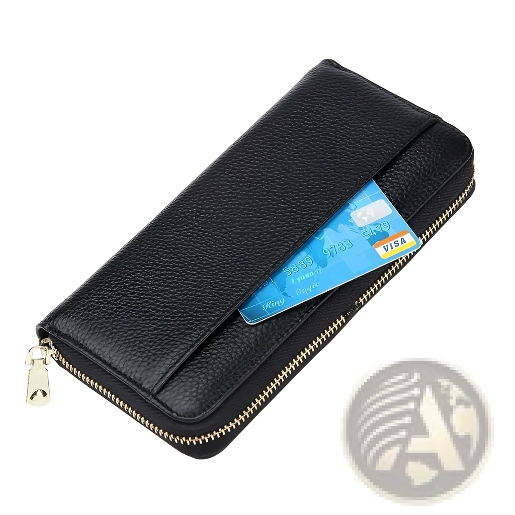 Women’s black textured leather zip around wallet featuring a gold-toned zipper and pull tab