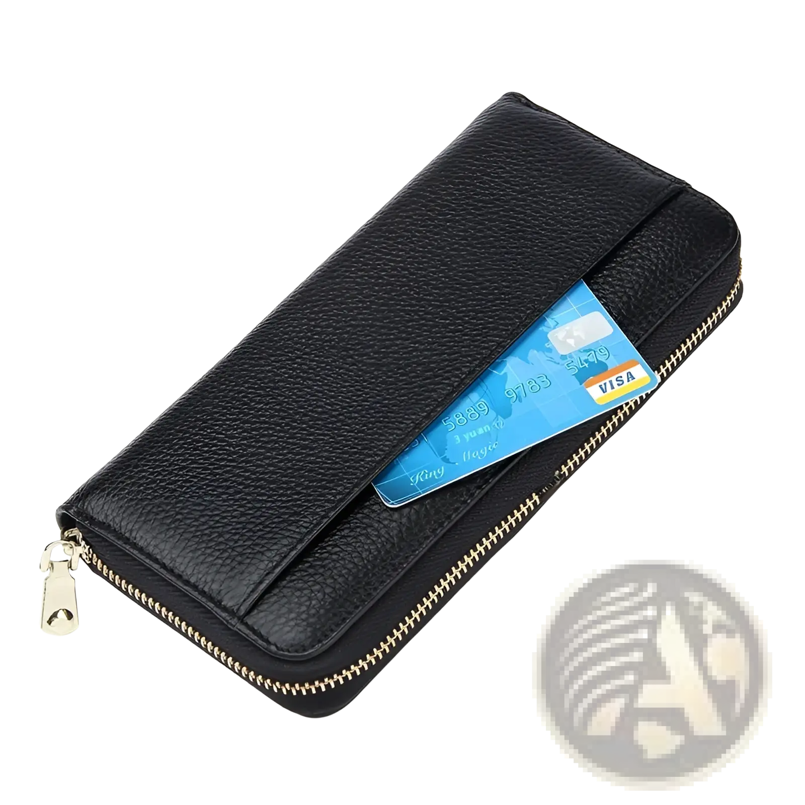 Women’s black textured leather zip around wallet featuring a gold-toned zipper and pull tab