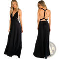 Black boho women’s multiway halter neck flowing maxi dress with deep v-front and back tie detail in lightweight fabric