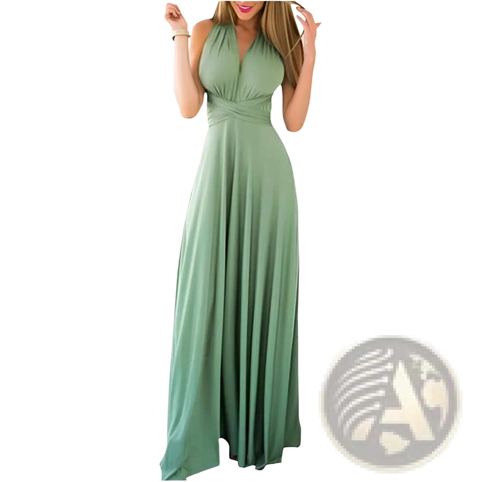 Women’s boho multiway halter neck flowing maxi dress in sage green with draped waist and soft lightweight fabric