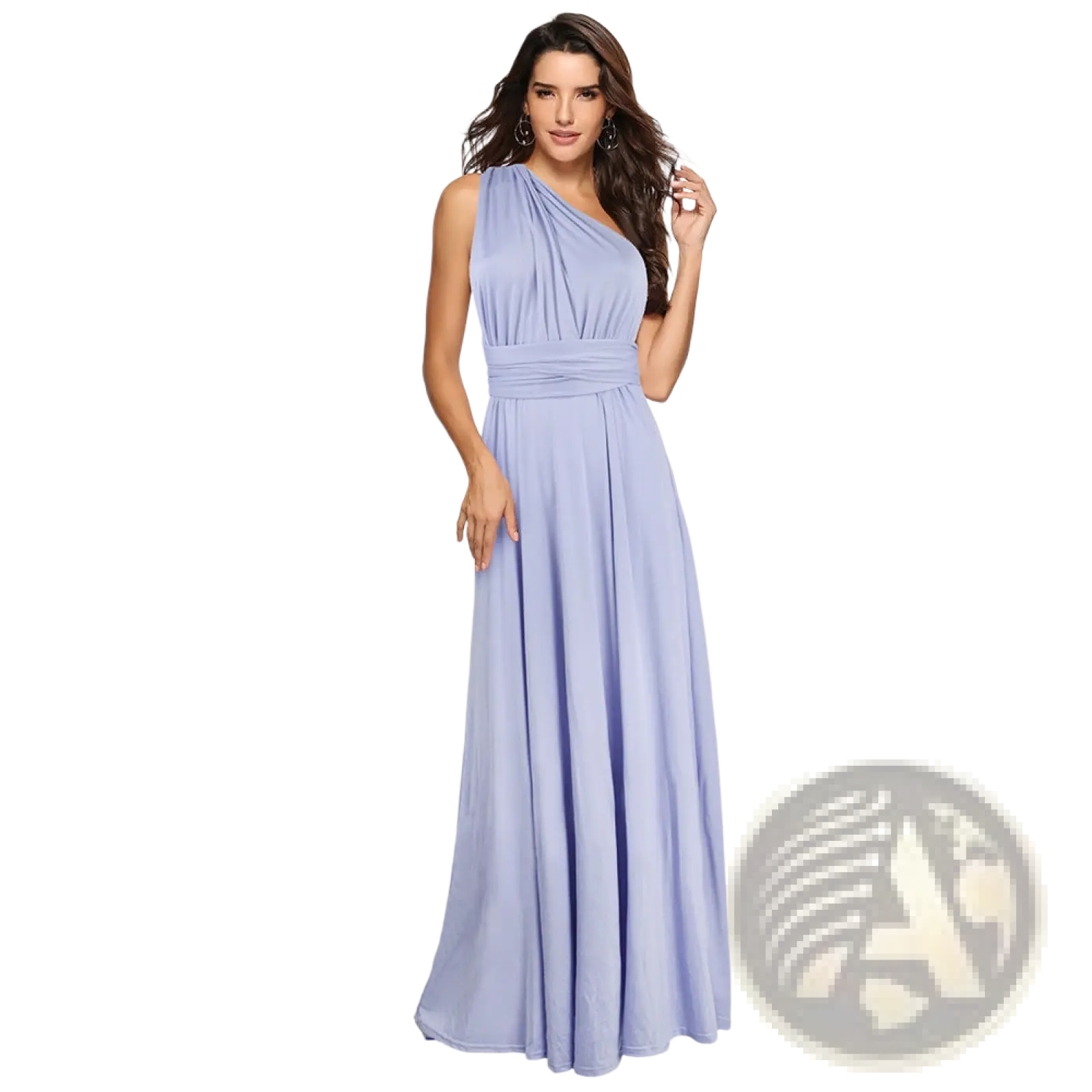 A flowing lavender maxi dress with one-shoulder design and cinched waist from women’s boho multiway halter neck collection