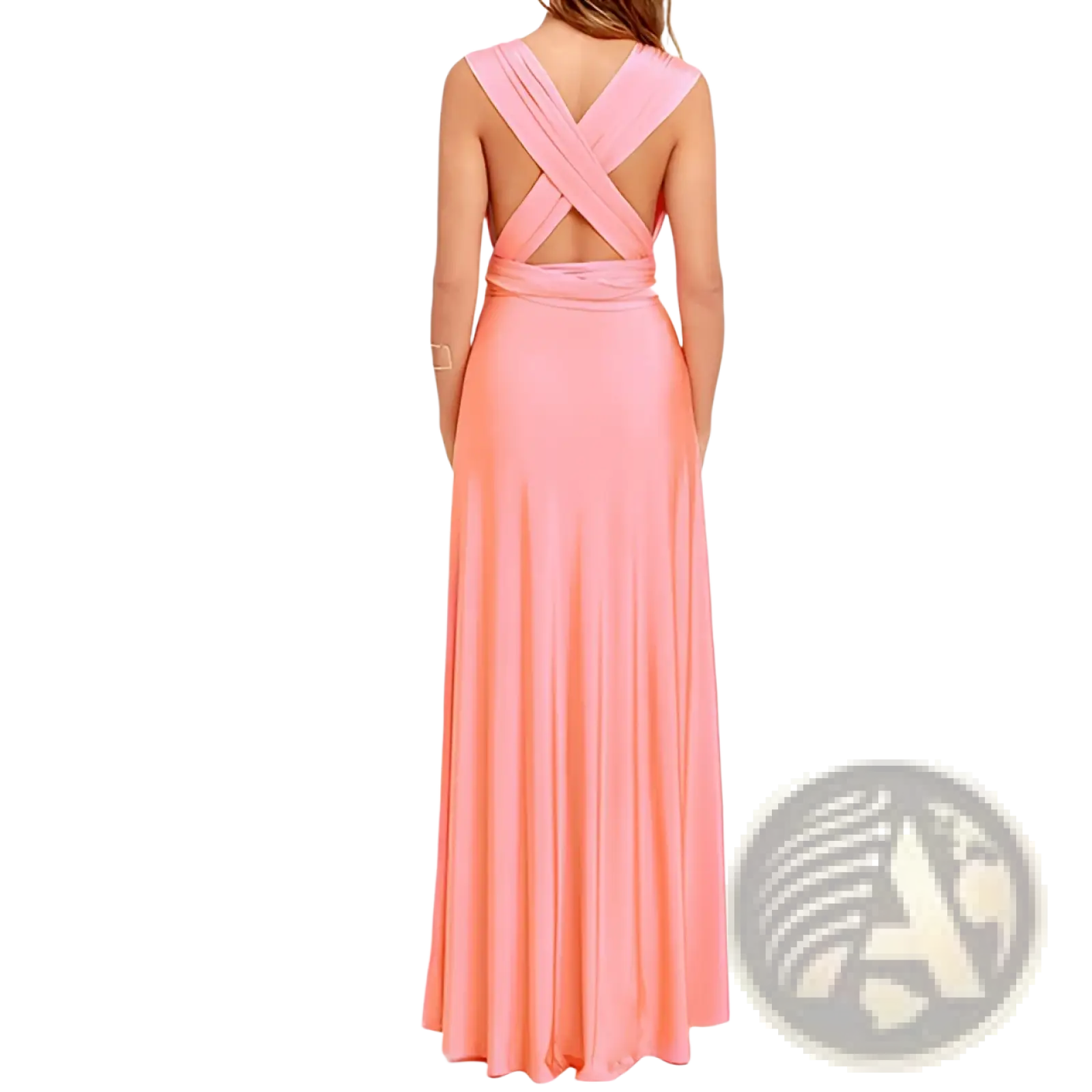 Women’s boho multiway halter neck flowing maxi dress in coral pink with a back cross-over design and draped waistband