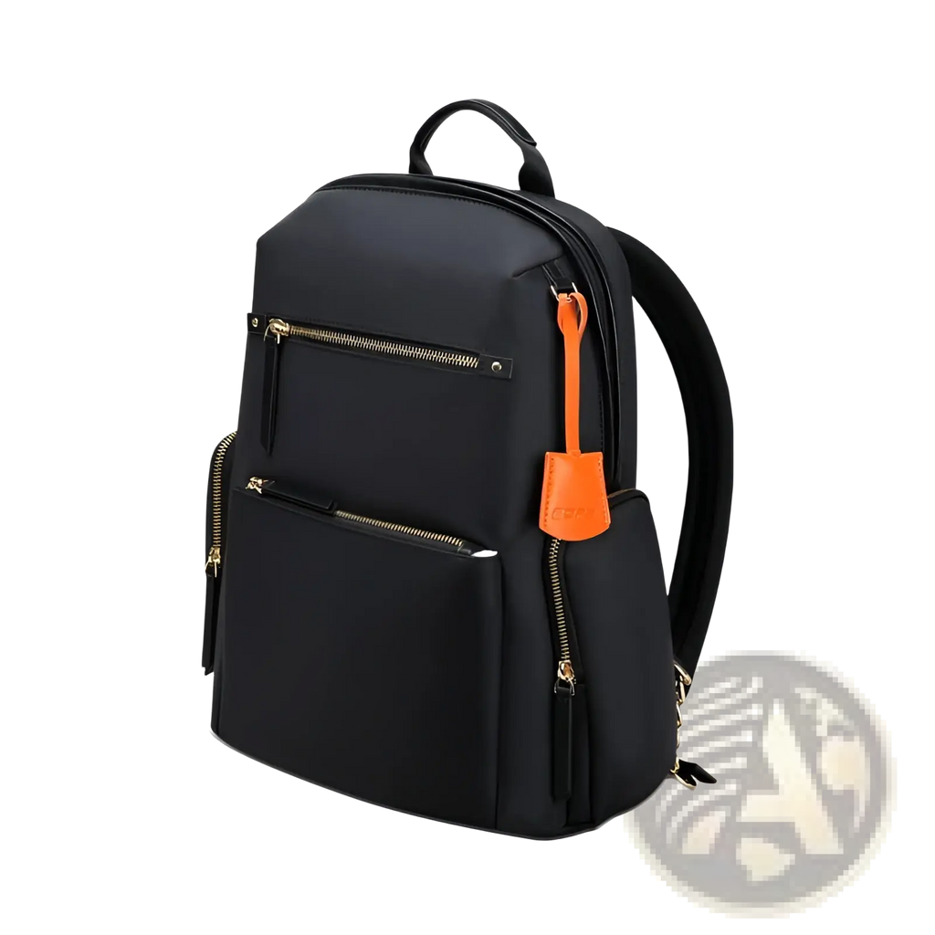 Black women’s business nylon backpack featuring orange zipper pulls and gold-tone hardware for professional use