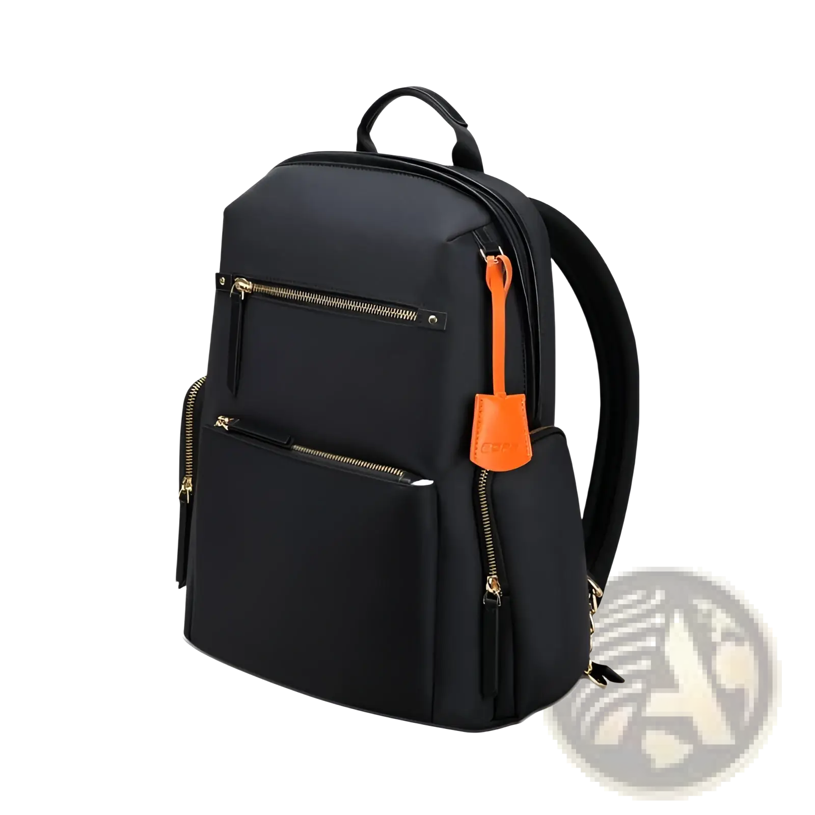 Black women’s business nylon backpack featuring orange zipper pulls and gold-tone hardware for professional use