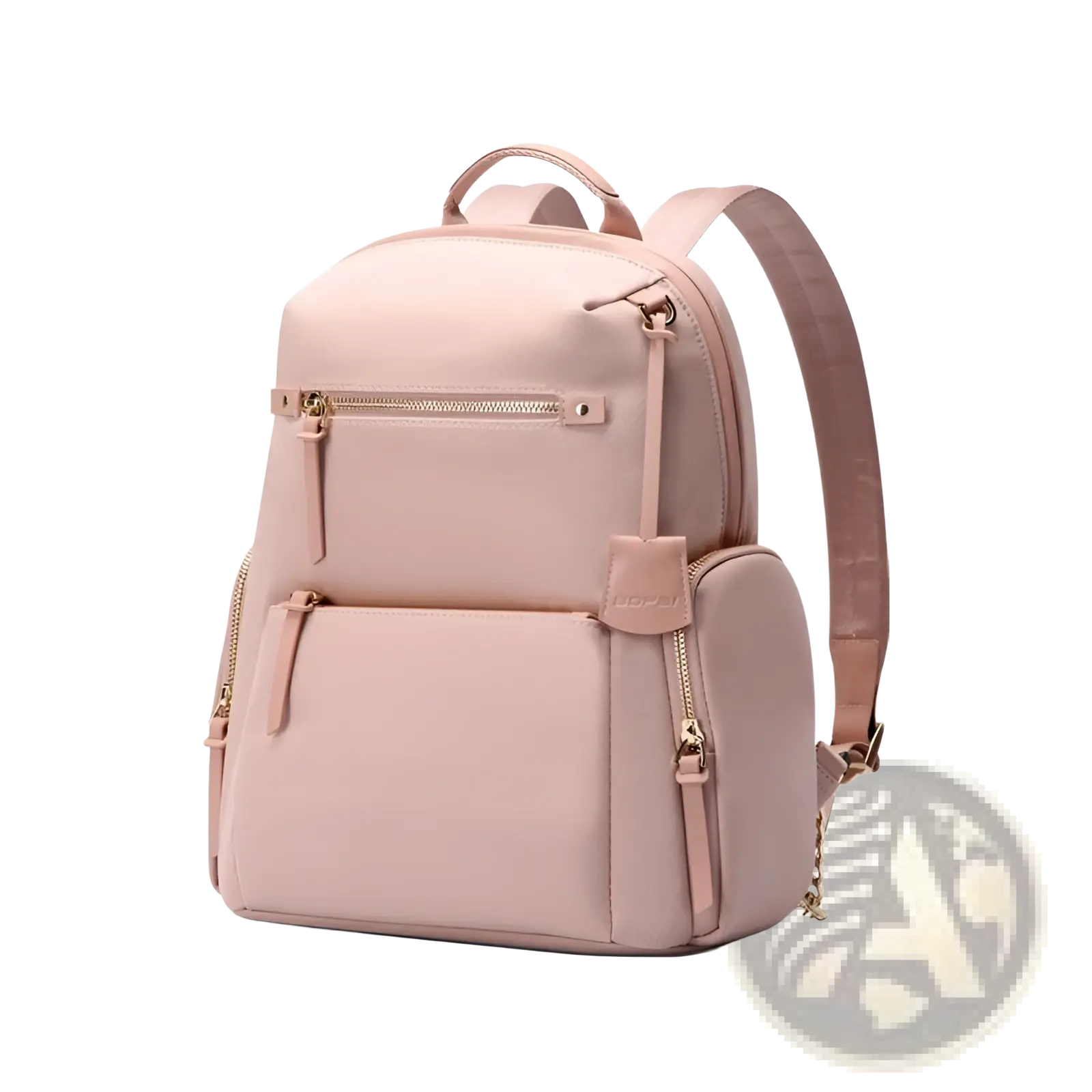 A sleek blush pink women’s business nylon backpack with gold-tone zippers and adjustable shoulder straps