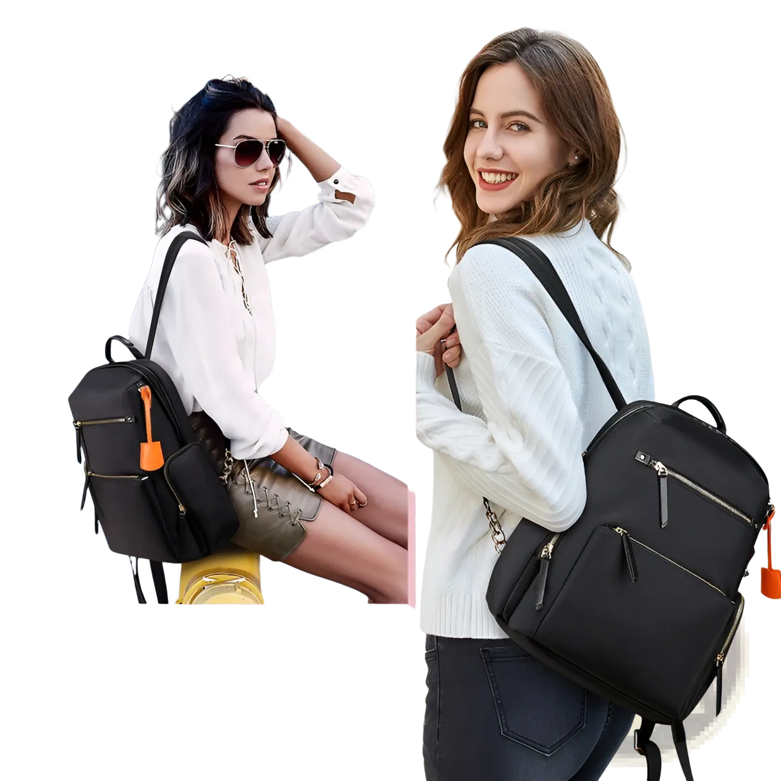 Black nylon women’s business backpack with silver zippers and orange zipper pulls for professional use