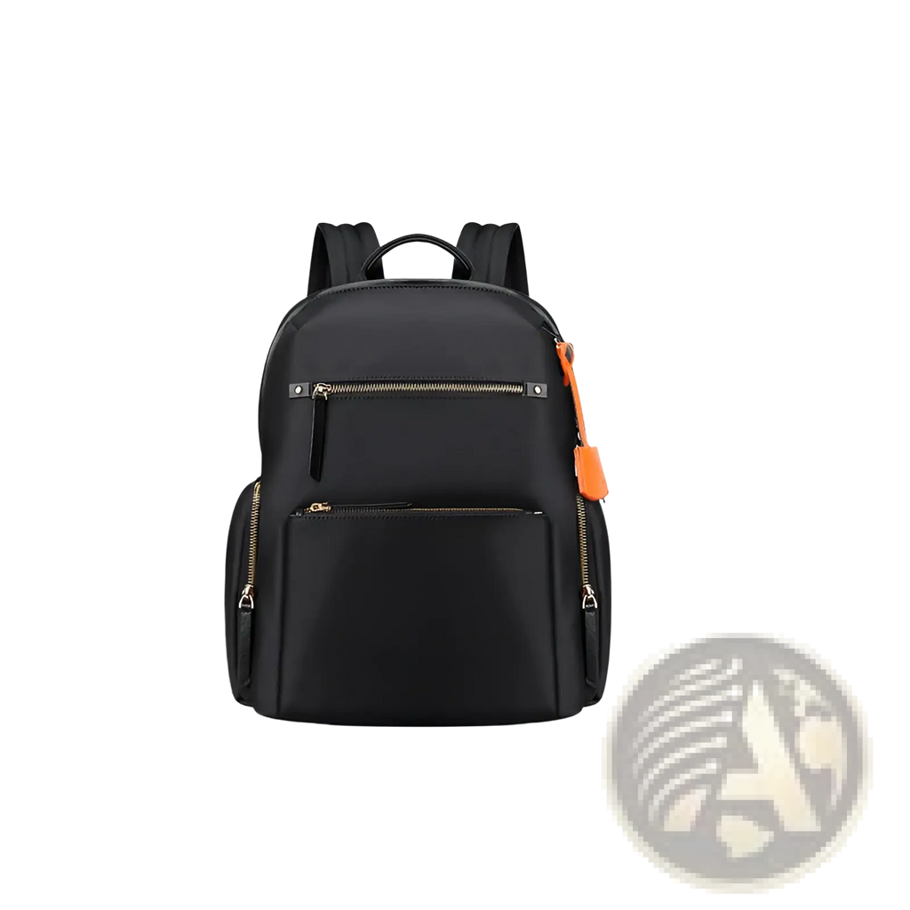 Black nylon women’s business backpack with gold-tone zippers and orange pull tab on the side