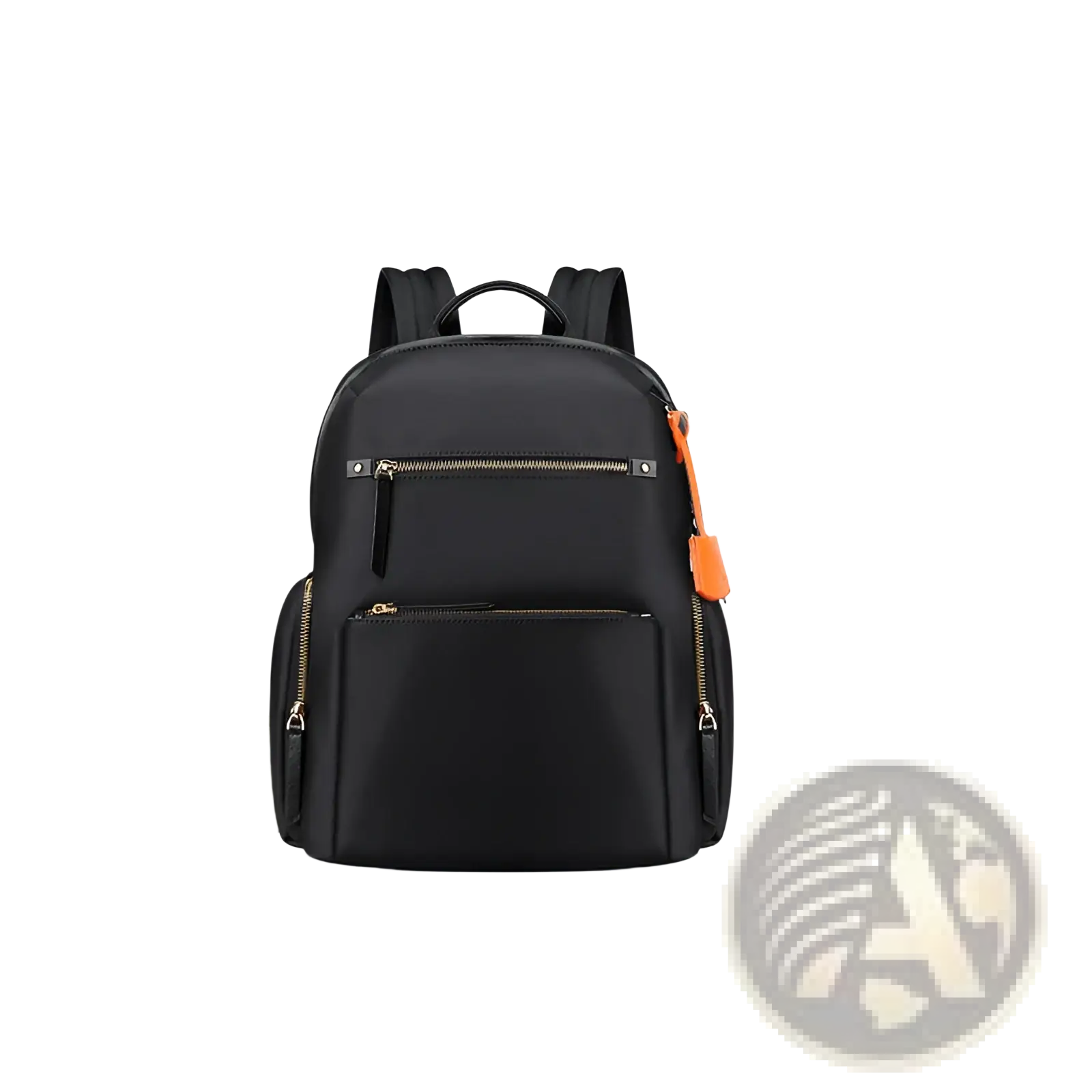 Black nylon women’s business backpack with gold-tone zippers and orange pull tab on the side