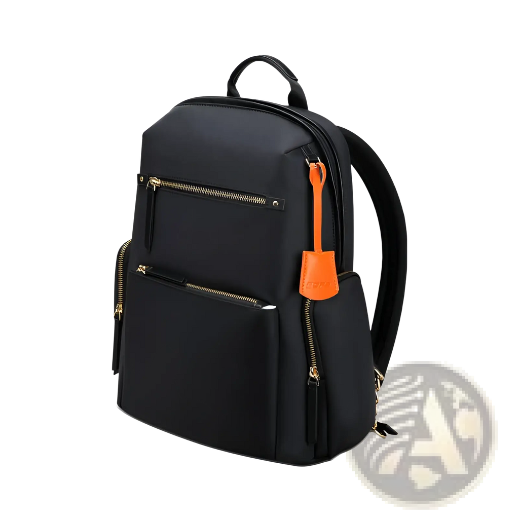 Black nylon women’s business backpack with gold-tone zippers and orange leather tag for professional use