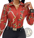 Red long-sleeved blouse featuring a bold golden chain skull and butterfly print for women’s fashion