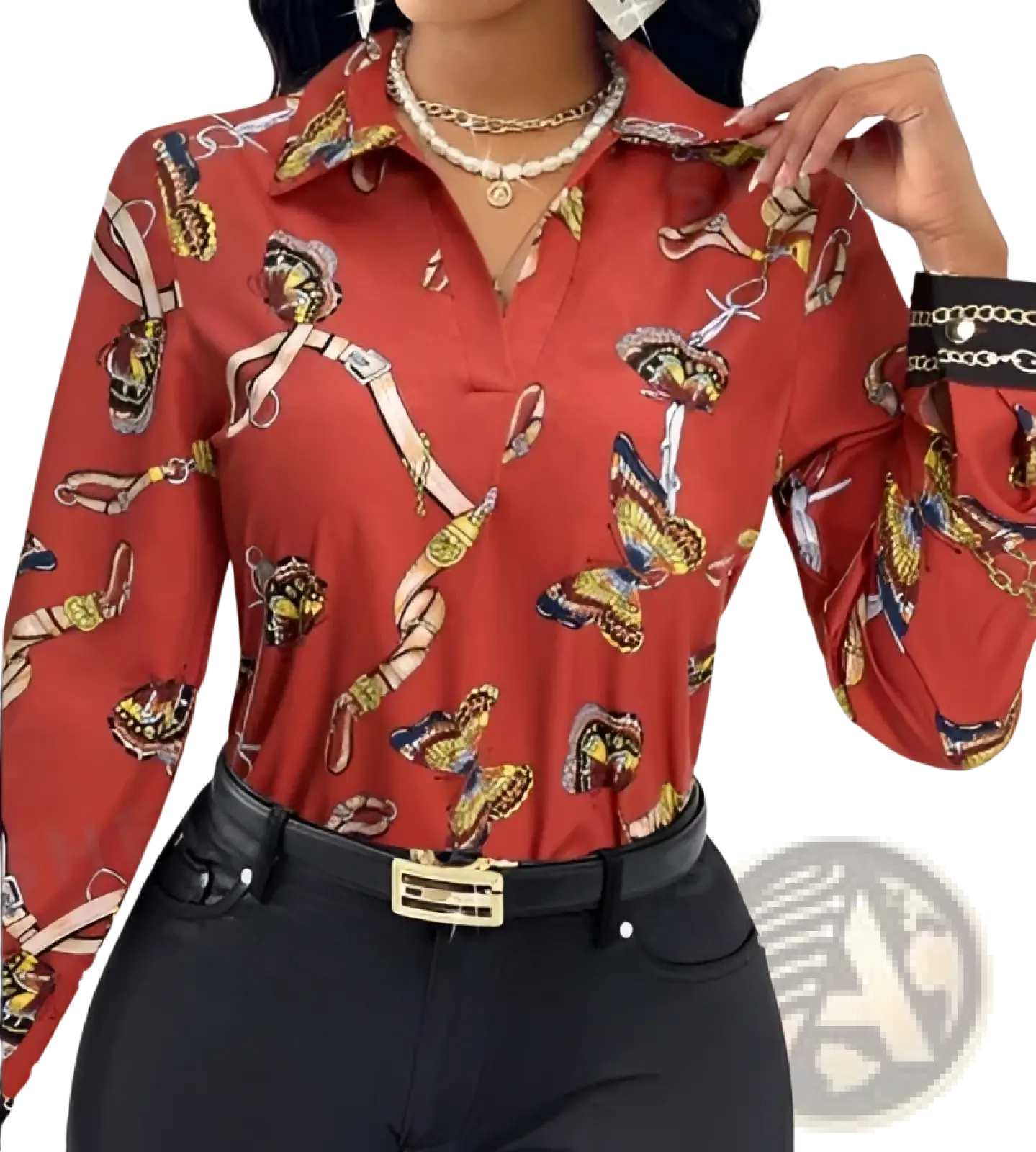 Red long-sleeved blouse featuring a bold golden chain skull and butterfly print for women’s fashion