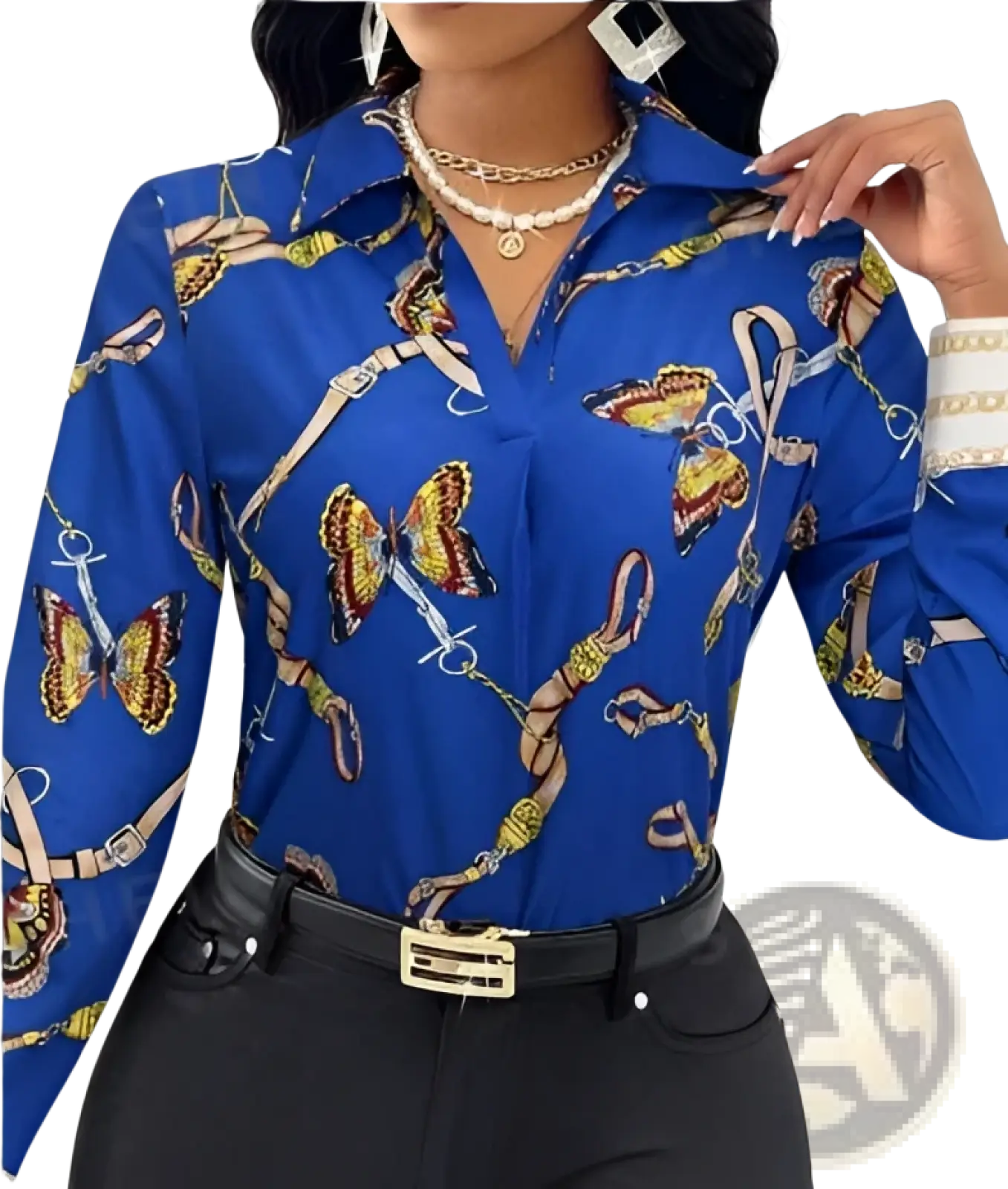 Women’s blue long-sleeved blouse featuring butterfly and chain print with a belted waist detail