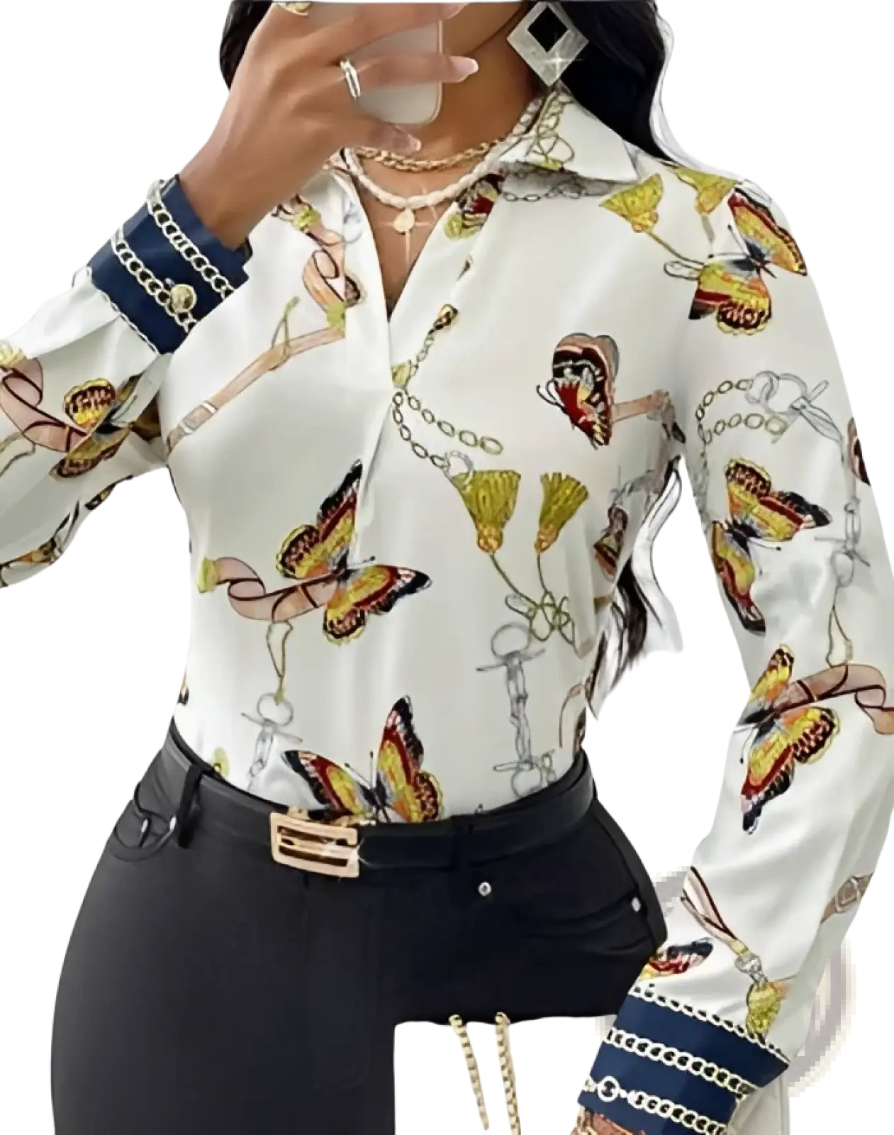 Women’s white long sleeve blouse with butterfly and chain print featuring navy blue cuffs and collar trim