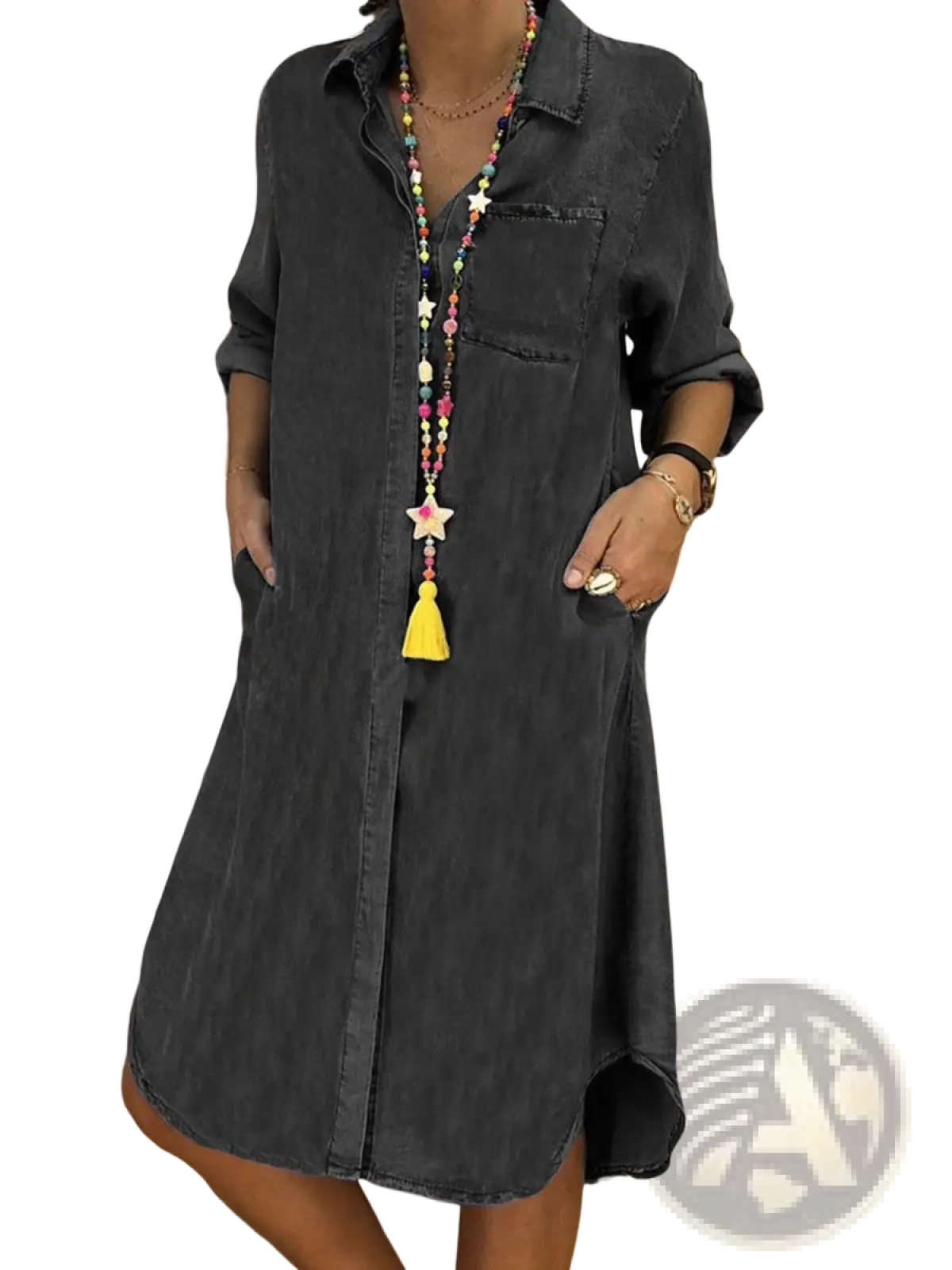 Dark gray denim shirt dress for women with button front, rolled sleeves, and front pockets