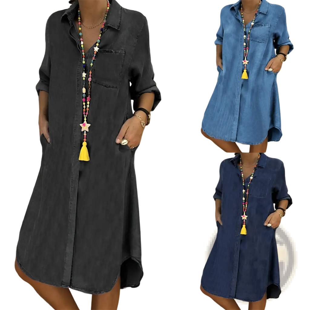Women’s button front denim shirt dress in dark and medium blue with rolled sleeves and side pockets
