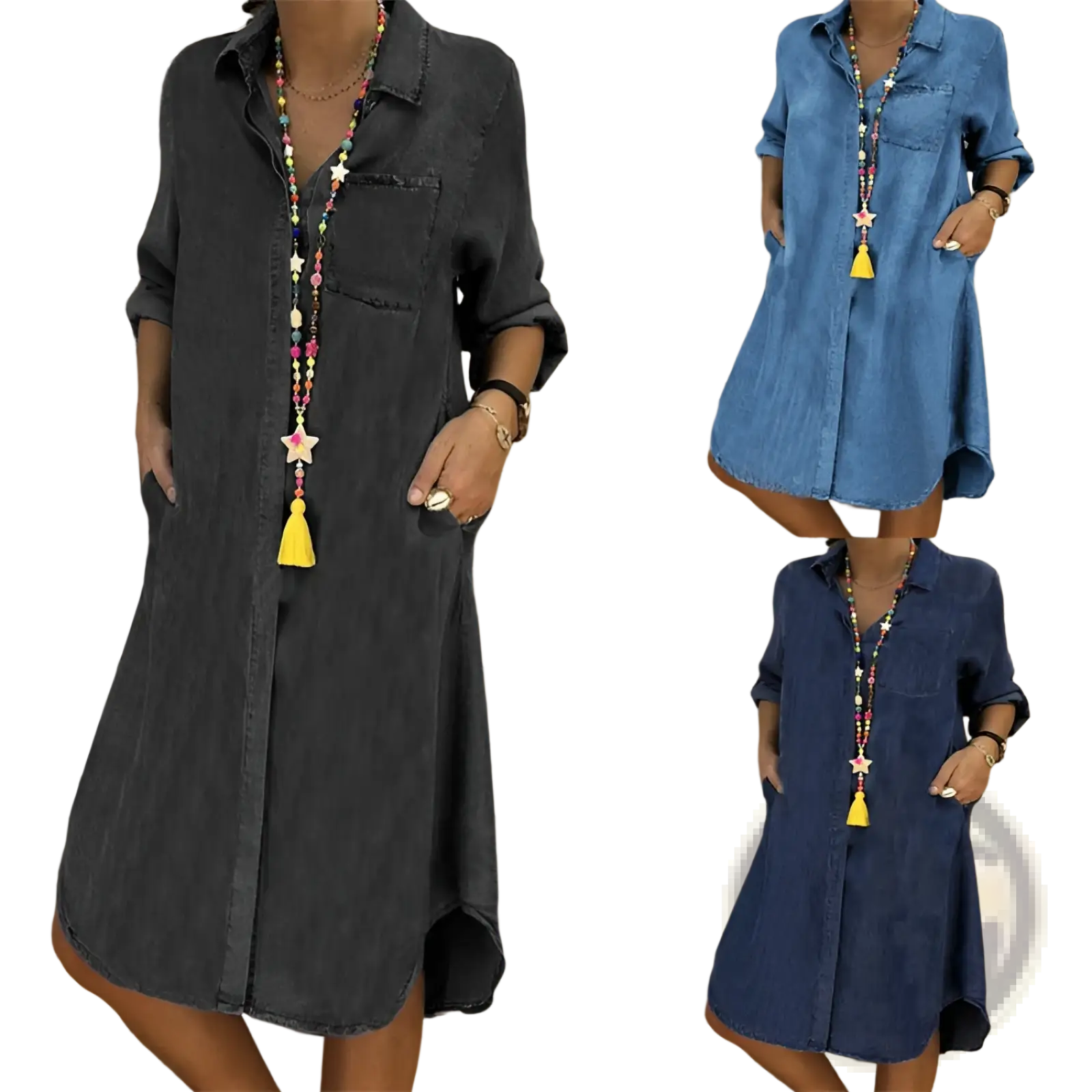 Women’s button front denim shirt dress in dark and medium blue with rolled sleeves and side pockets
