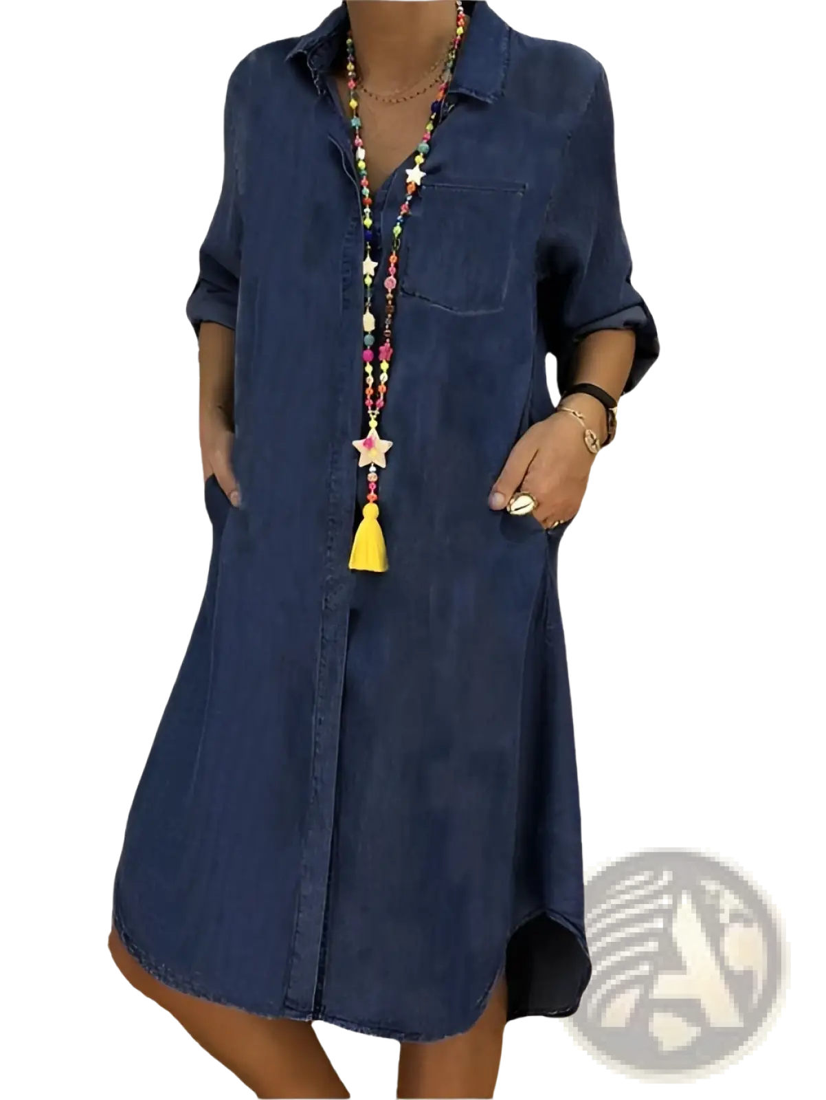 A navy blue denim shirt dress with rolled-up sleeves and a front pocket for women’s button front style