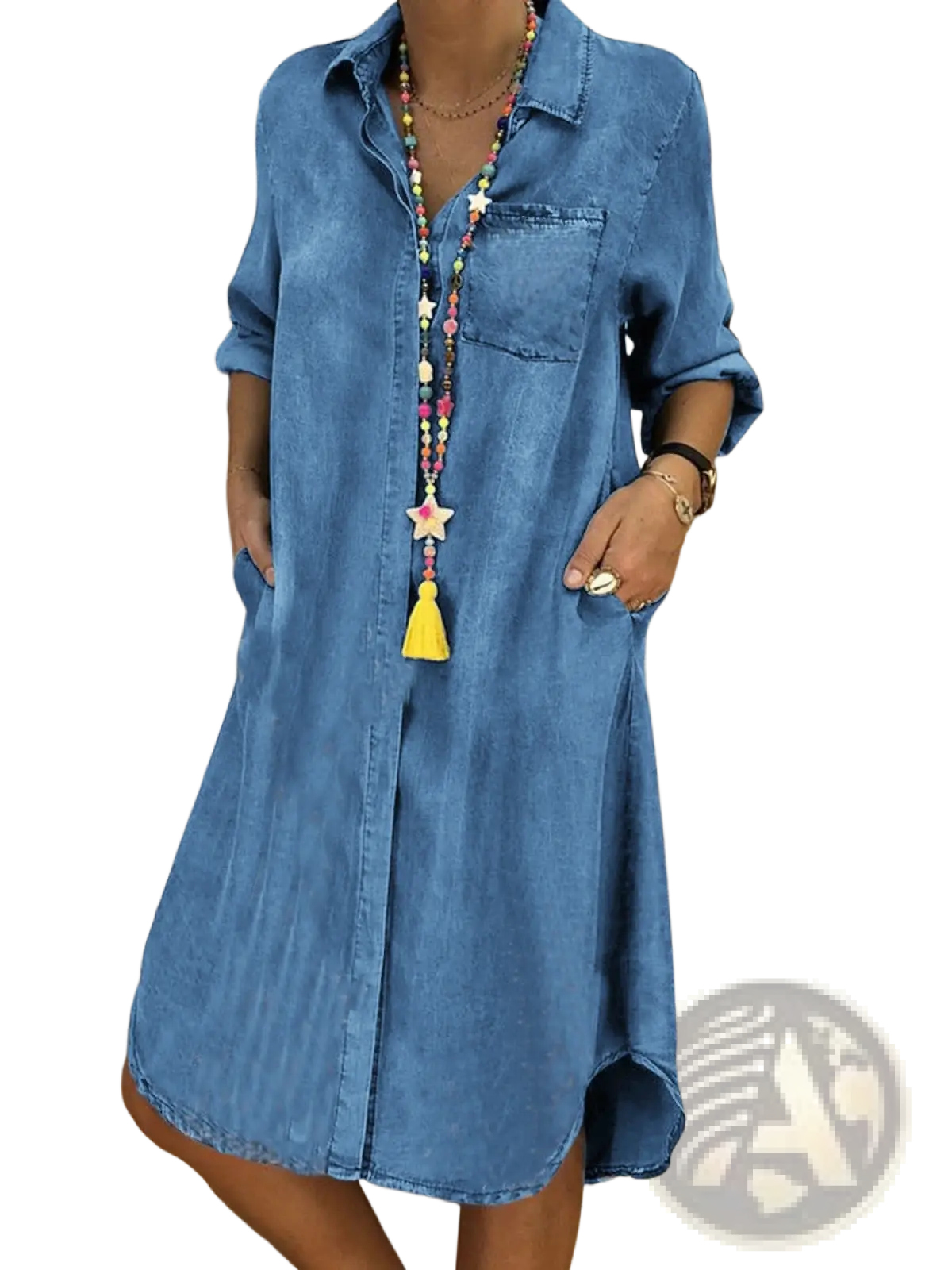 Women’s blue denim shirt dress with front button closure and rolled-up sleeves made of durable denim fabric